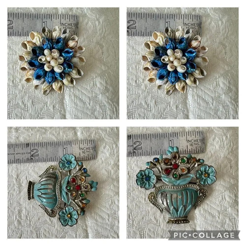 Vintage Lot of 4 Flower Enamel Shell Rose Basket Pin Brooch Porcelain 1930s-80’s